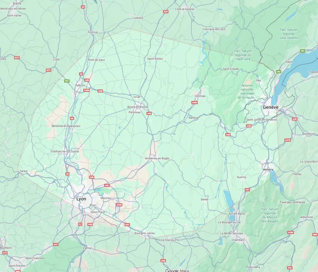 Zone géographique d’intervention de l’entreprise, centrée sur l’Ain (01) et les secteurs limitrophes.