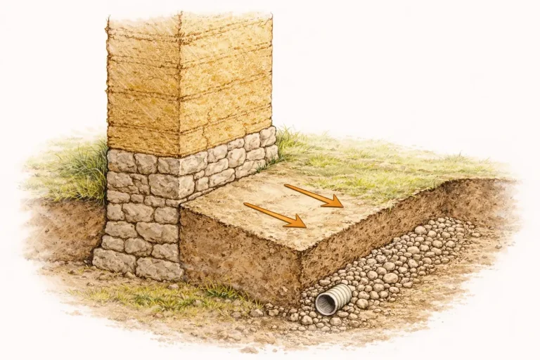 Drainage de maison en pisé avec techniques compatibles terre crue sur bâti ancien
