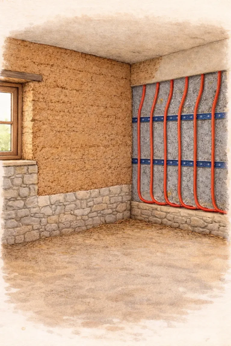 Installation de mur chauffant sur mur en pisé avec techniques compatibles terre crue et bâti ancien