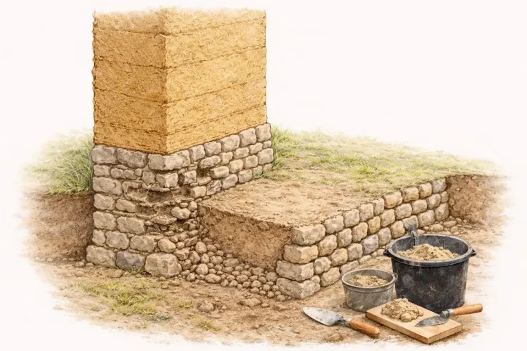 Soubassement en pisé avec travaux de renfort et techniques compatibles terre crue sur bâti ancien