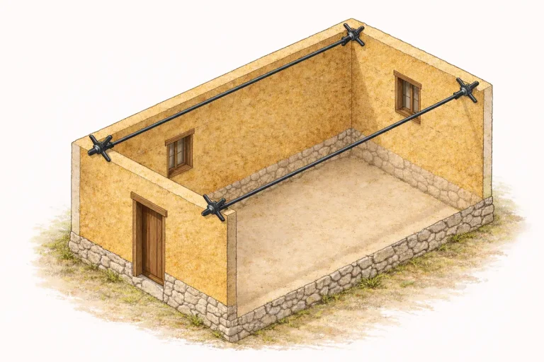 Tirant métallique pour renfort structurel dans maison en pisé sur bâti ancien