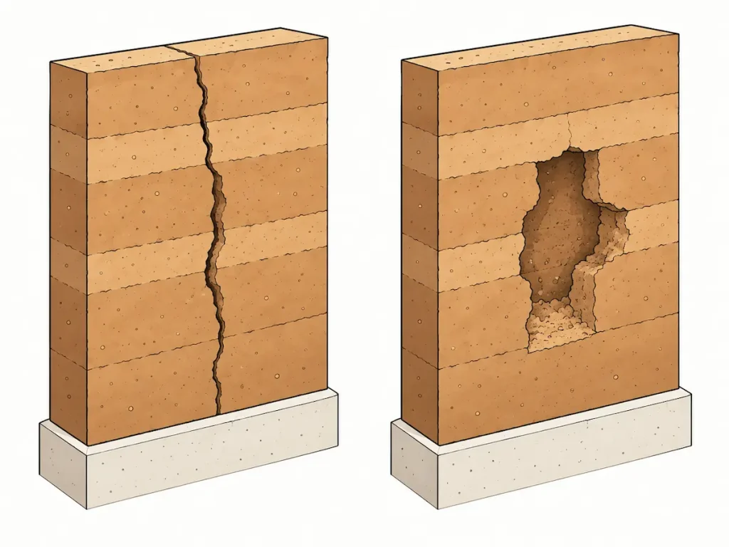Blocs en terre crue endommagés