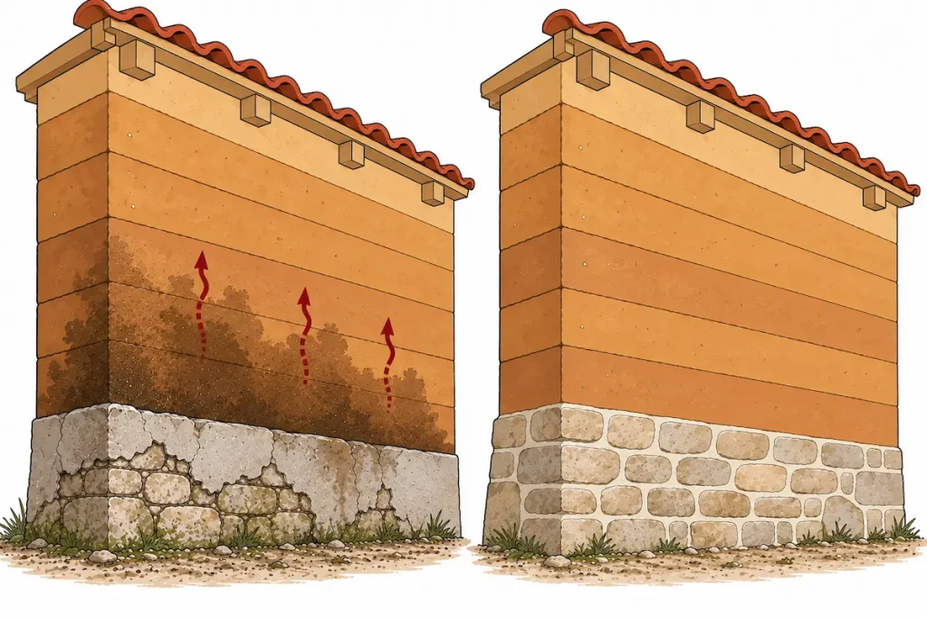 Soubassement de mur en pisé remontant capillaire et traitements