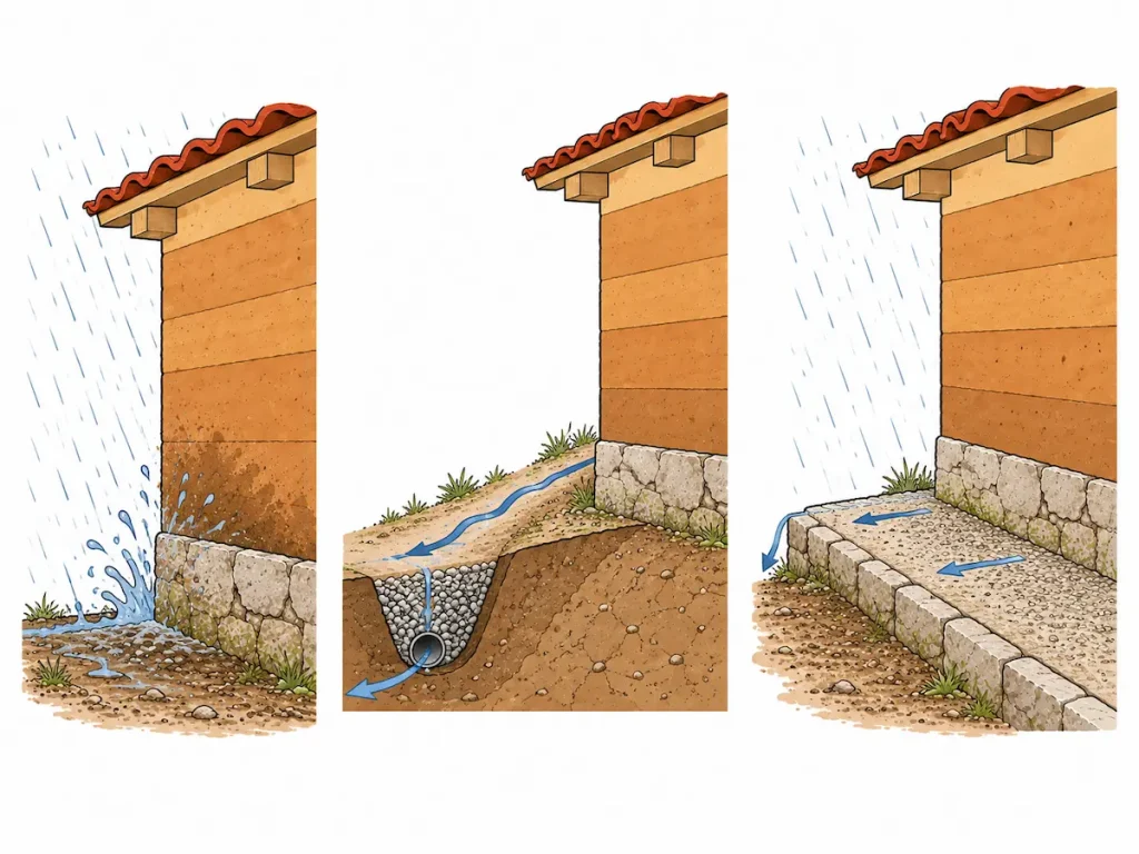 Gestion des eaux, ruissellement,, pluie sur un mur en pisé
