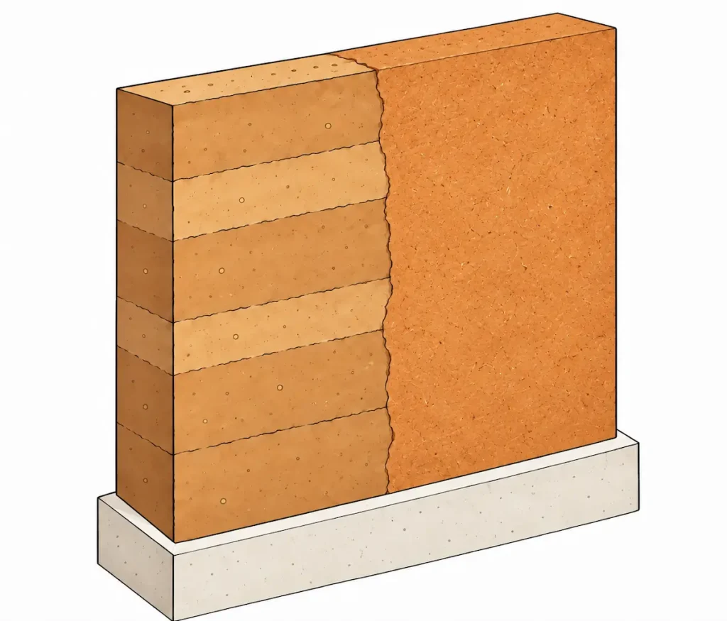Mur en pisé, enduit de torchis, correcteur thermique