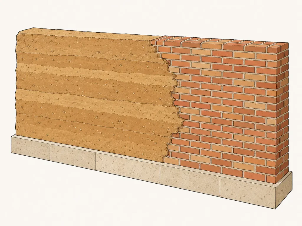 Reprise de mur, construction en terre crue, adobe et briques