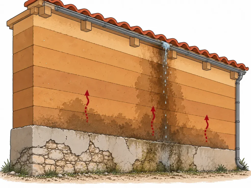 Infiltration d’eau sur mur en pisé et façade en terre crue
