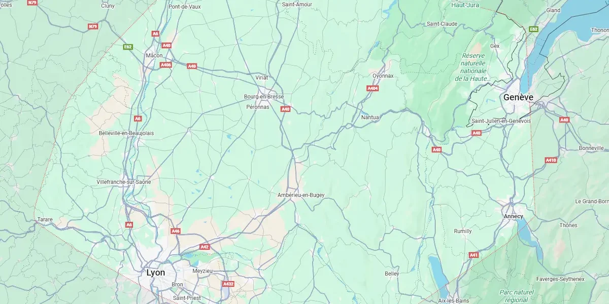 Zone géographique d’intervention de l’entreprise, centrée sur l’Ain (01) et les secteurs limitrophes.